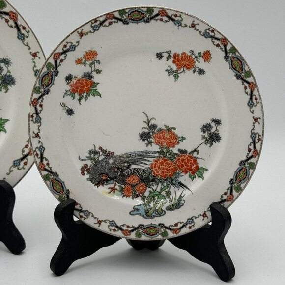 Vintage John Maddock and Sons Royal Vitreous Peacock Dessert Plate set of two - Picture 2 of 15